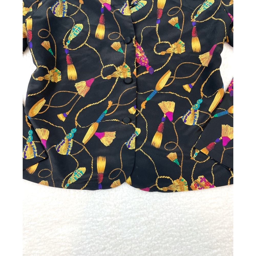 (VTG) CHRISTIE & JILL • Black Tassel Print Long Sleeve Blouse, 8 - Picture 12 of 15